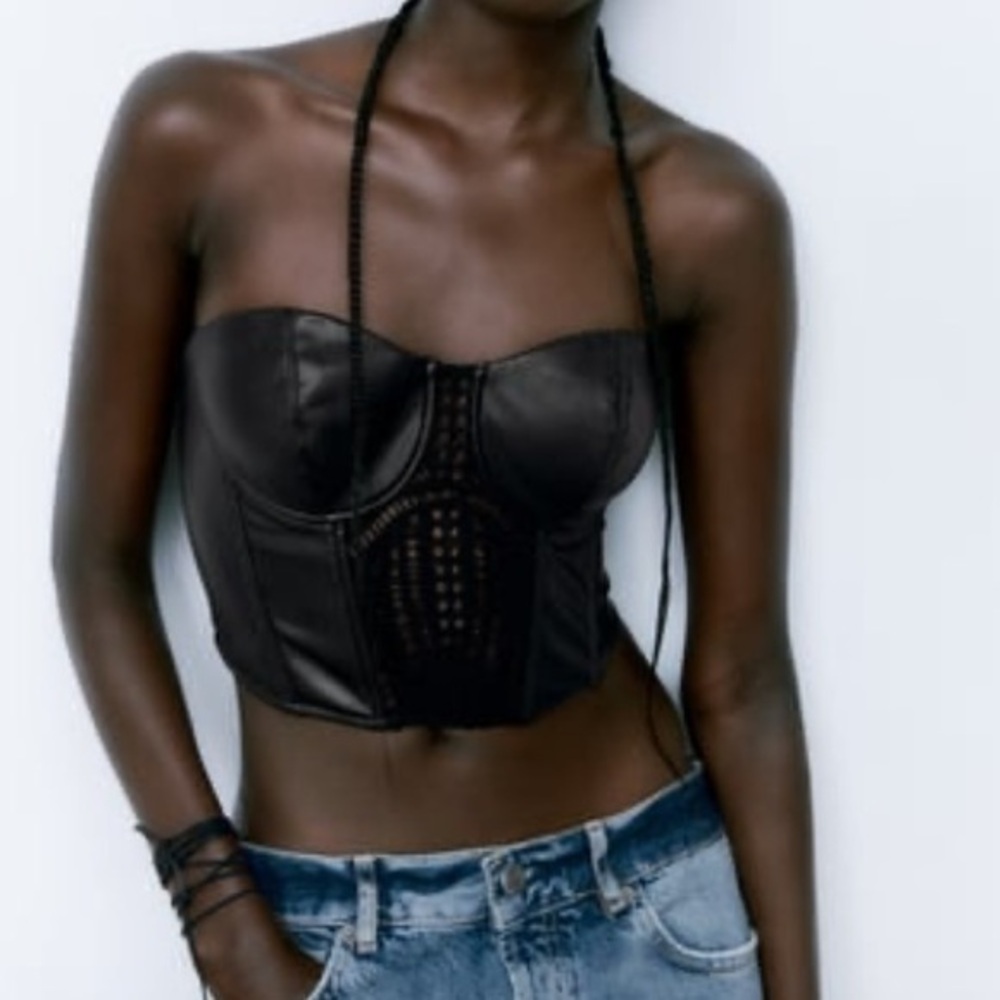 Zara NWT faux leather corset black cropped
